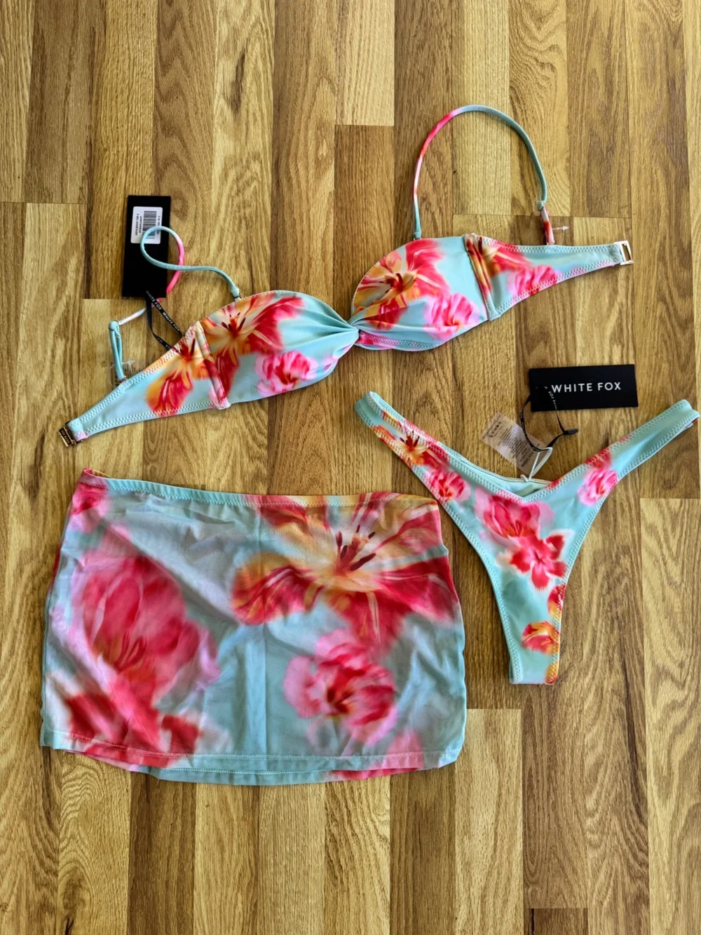 White Fox Boutique Floral Bikini with Matching Skirt Cover Up Set